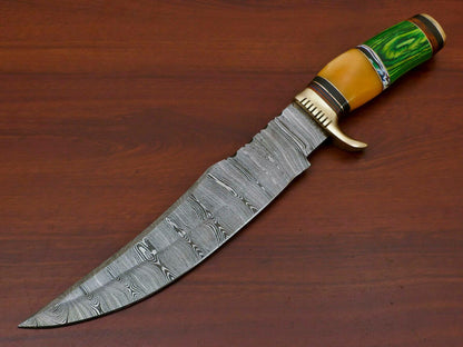 Handmade Damascus Bowie Hunting Knife – Stained Bone & Pakka Wood Handle, 14"