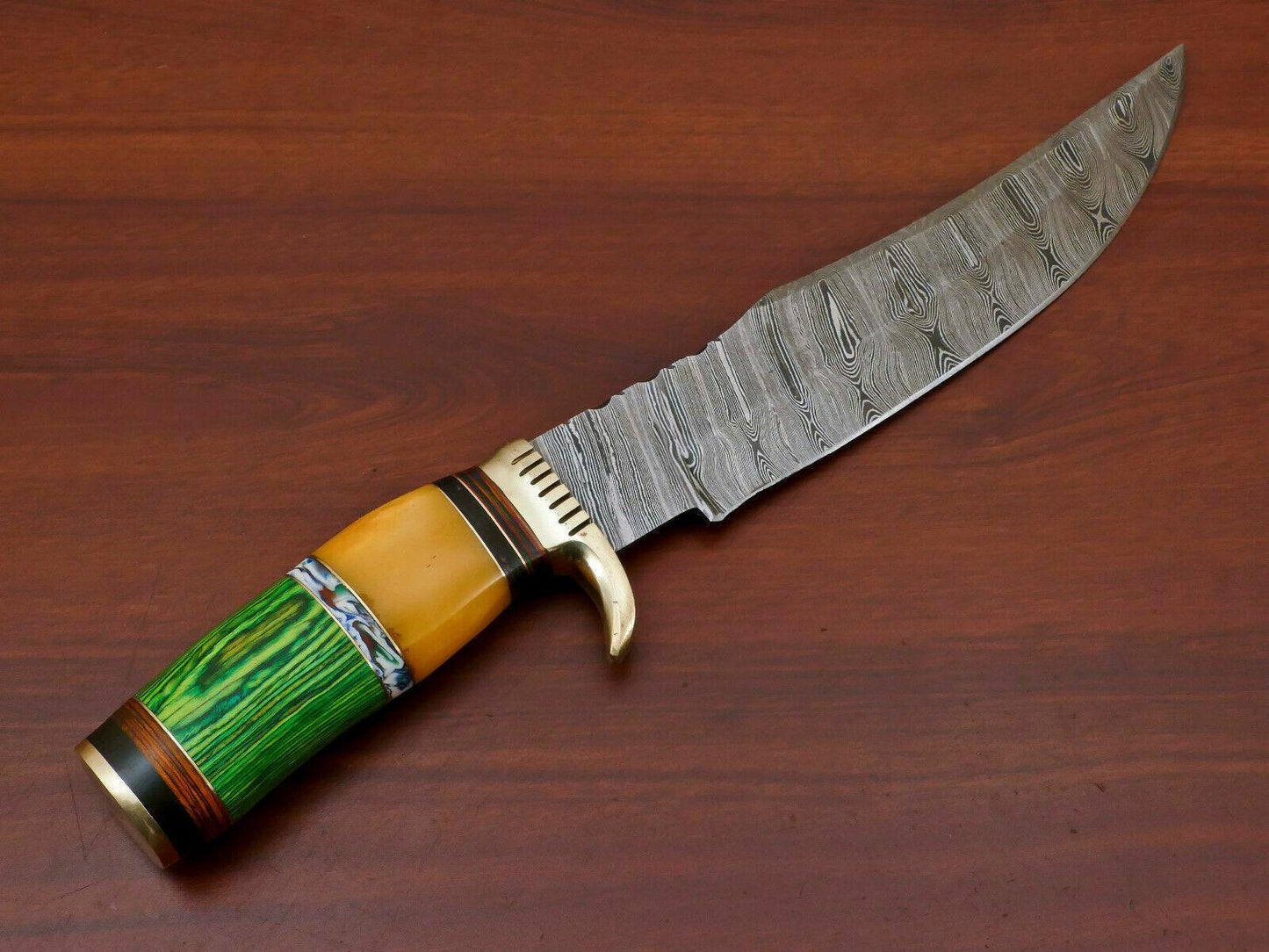 Handmade Damascus Bowie Hunting Knife – Stained Bone & Pakka Wood Handle, 14"