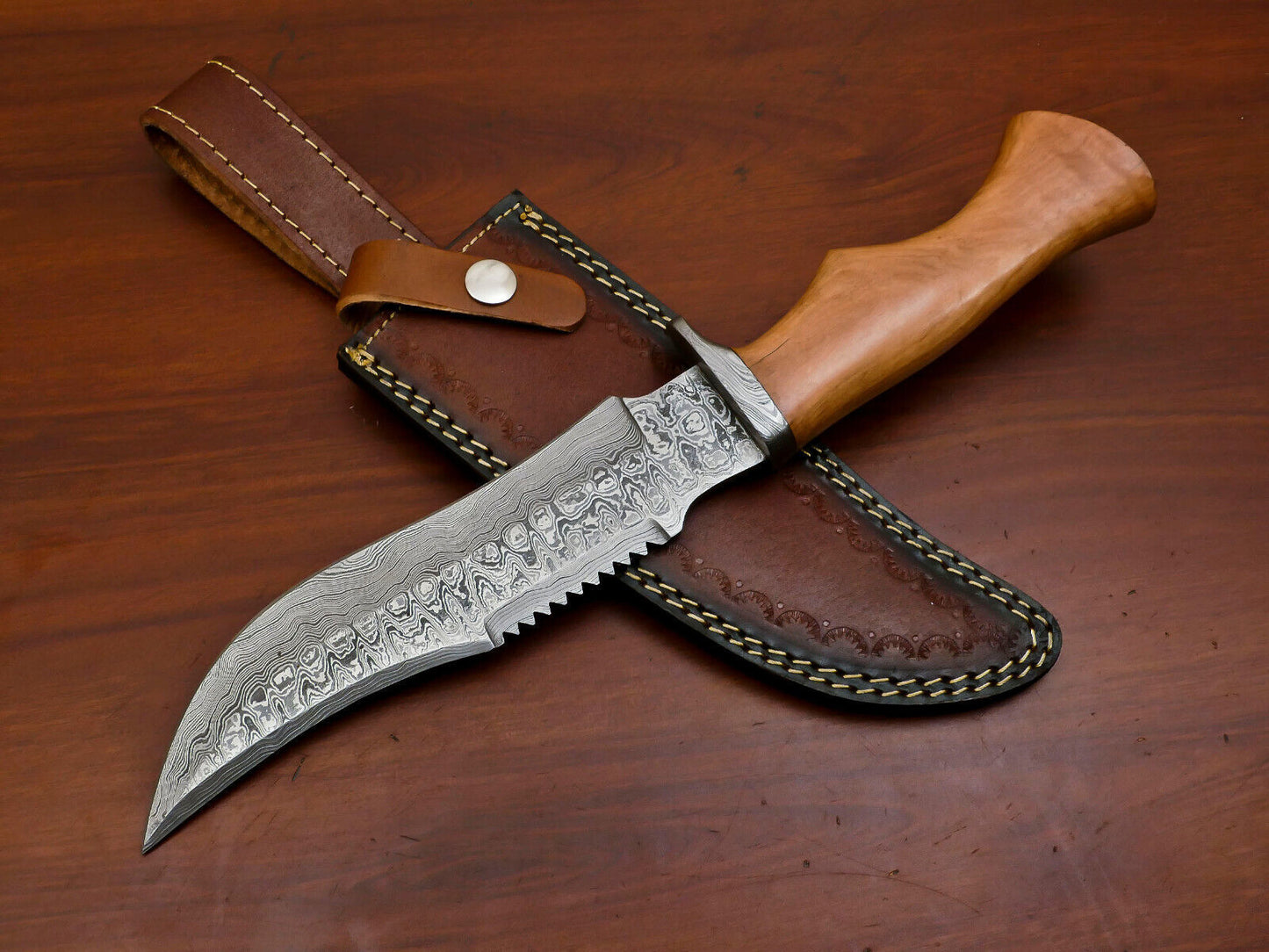 Heritage Forge 12.5" Damascus Steel Hunting Knife with Olive Wood Handle