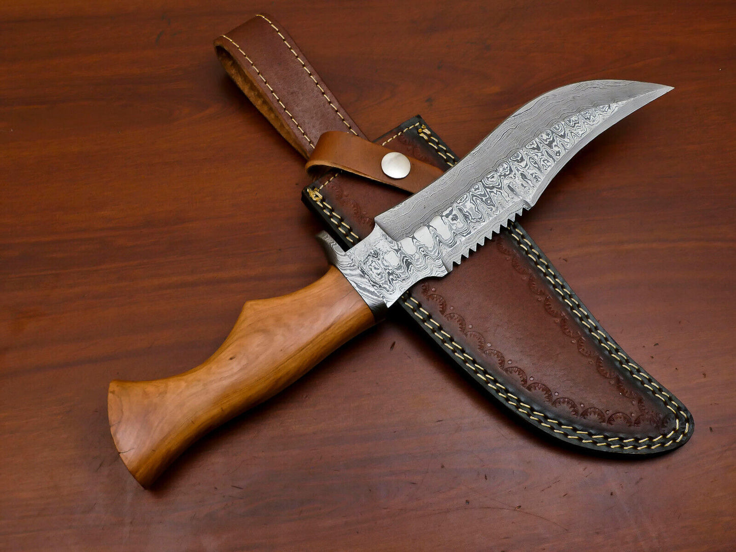Heritage Forge 12.5" Damascus Steel Hunting Knife with Olive Wood Handle