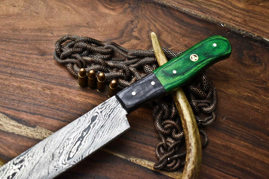 Custom Handmade Damascus Steel Chef Knife – Bull Horn & Walnut Wood Handle with Leather Sheath