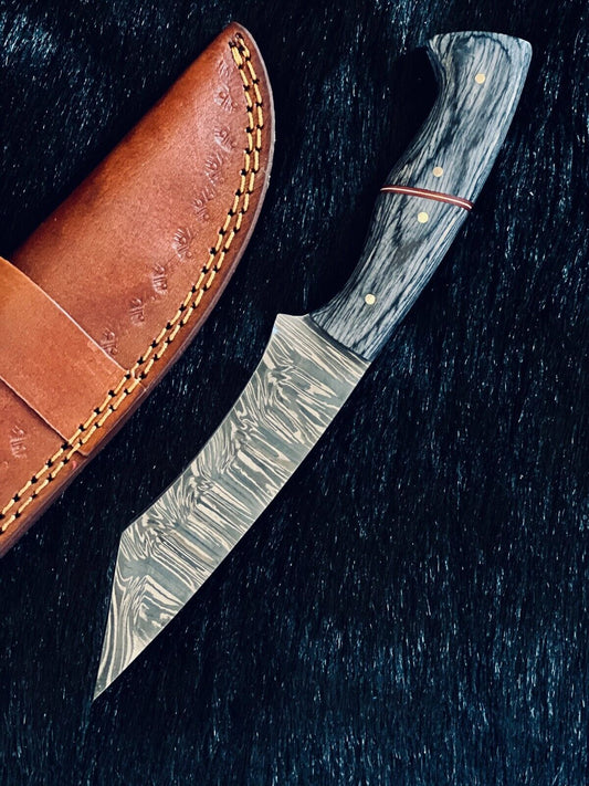 Heritage Forge 9.5 Inch Fire Damascus Tanto Knife with Camel Bone and Wood Handle