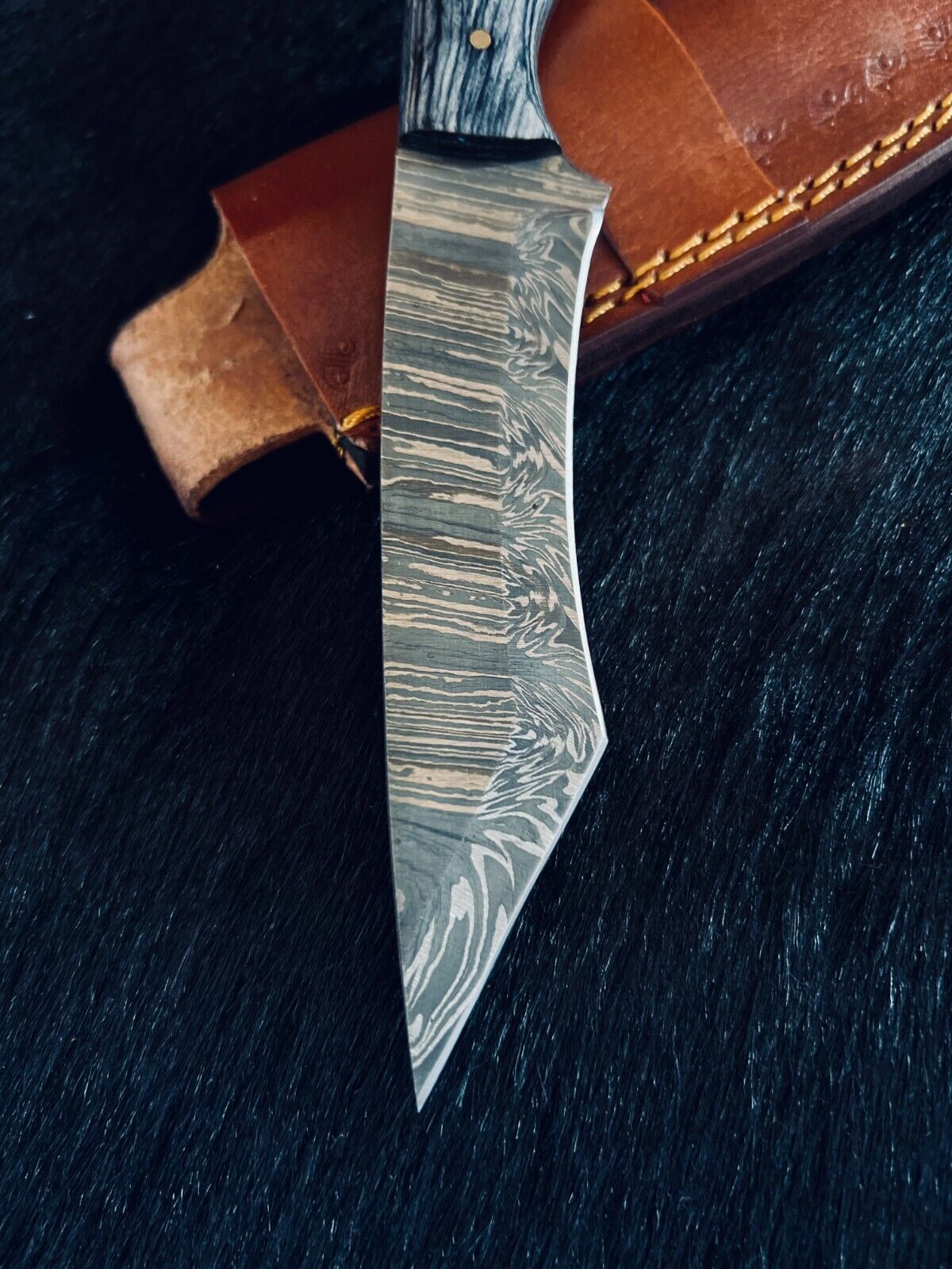 Heritage Forge 9.5 Inch Fire Damascus Tanto Knife with Camel Bone and Wood Handle
