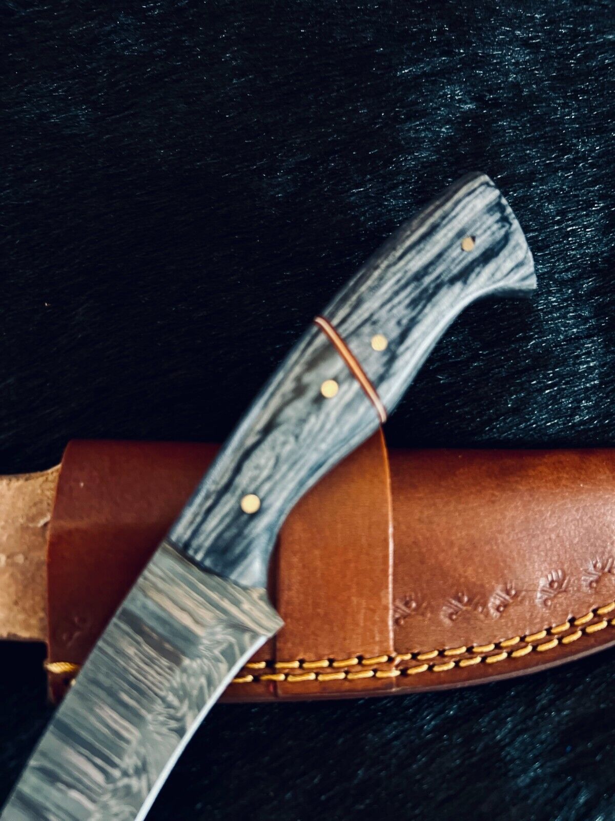 Heritage Forge 9.5 Inch Fire Damascus Tanto Knife with Camel Bone and Wood Handle