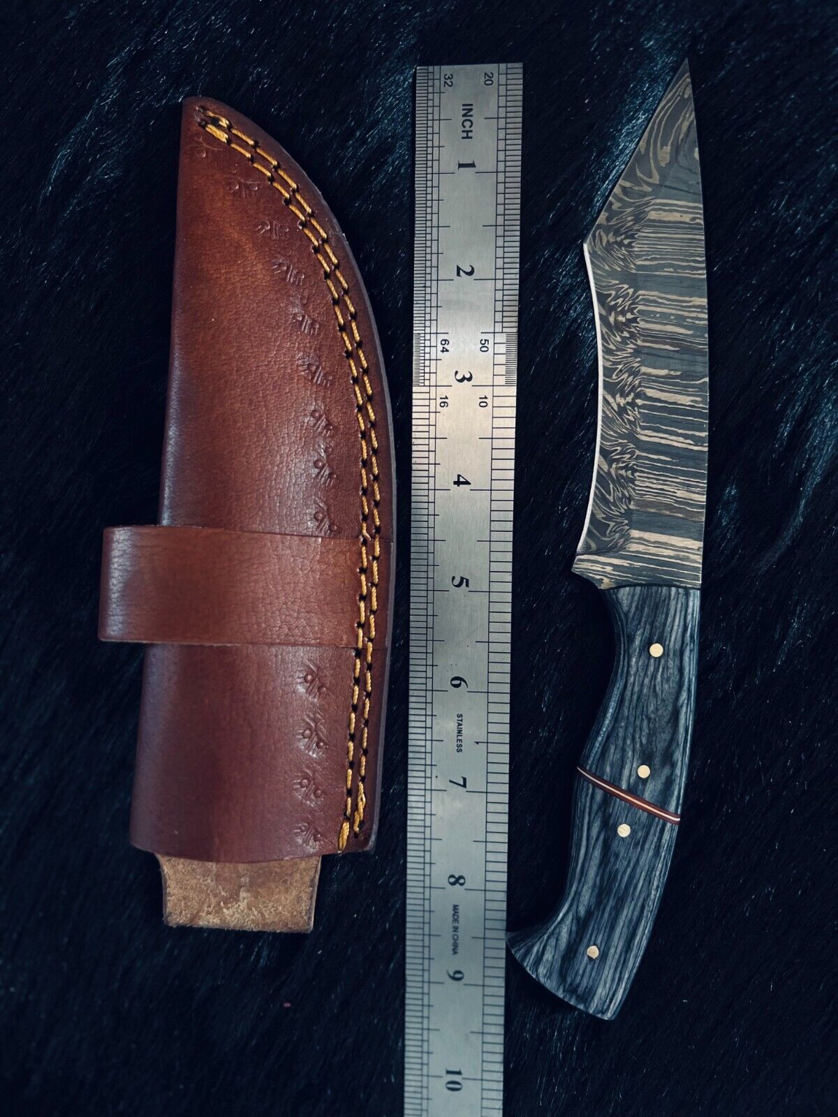 Heritage Forge 9.5 Inch Fire Damascus Tanto Knife with Camel Bone and Wood Handle