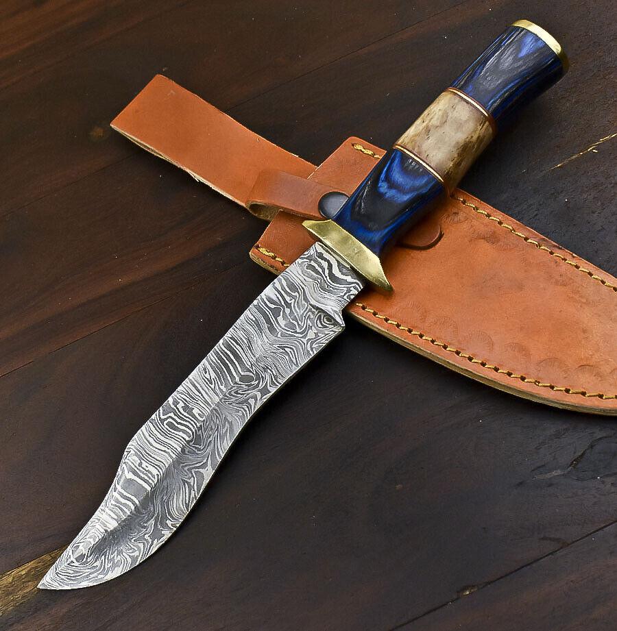12.5" Damascus Steel Bowie Knife with Hardwood Handle – Handmade Outdoor Hunting Blade
