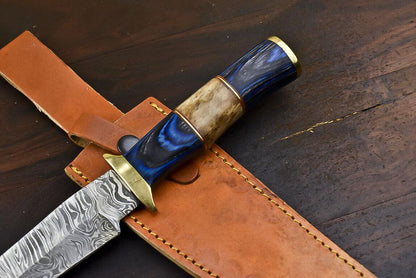 12.5" Damascus Steel Bowie Knife with Hardwood Handle – Handmade Outdoor Hunting Blade