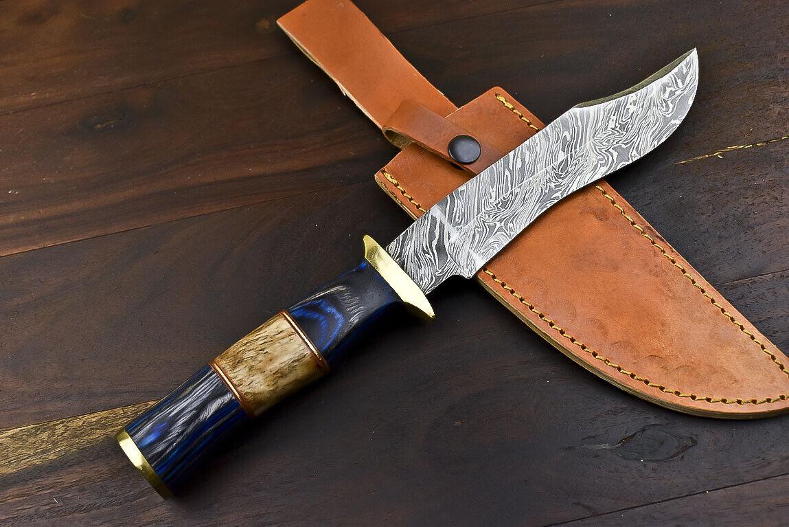 12.5" Damascus Steel Bowie Knife with Hardwood Handle – Handmade Outdoor Hunting Blade