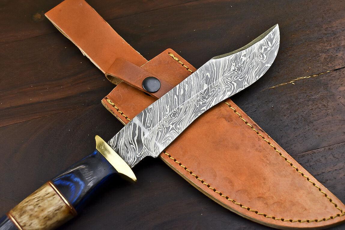 12.5" Damascus Steel Bowie Knife with Hardwood Handle – Handmade Outdoor Hunting Blade