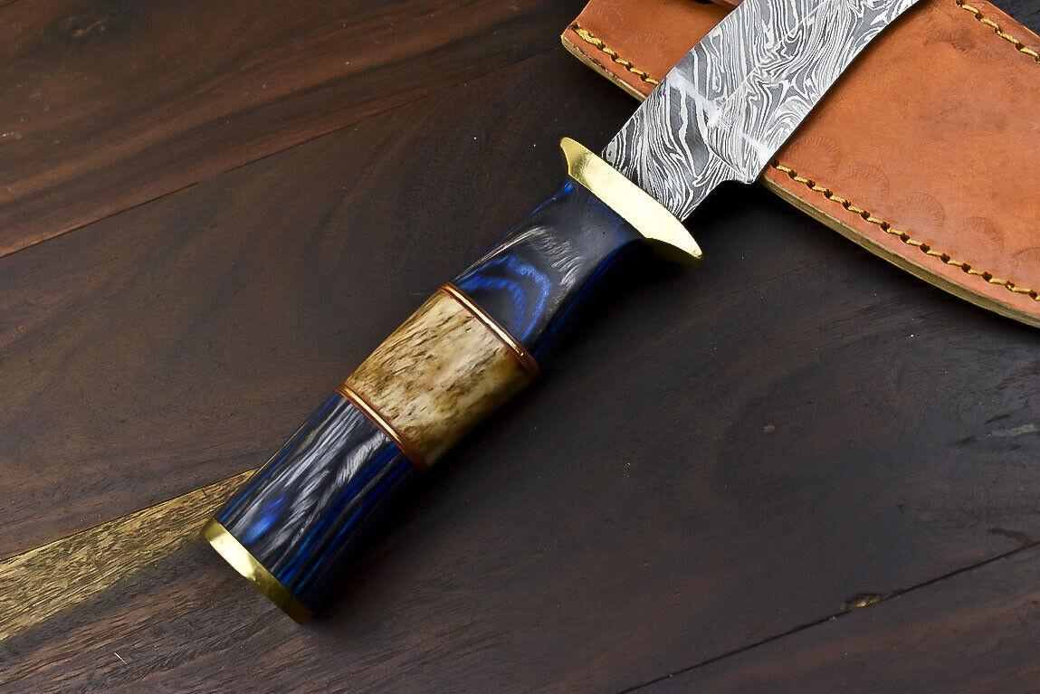 12.5" Damascus Steel Bowie Knife with Hardwood Handle – Handmade Outdoor Hunting Blade