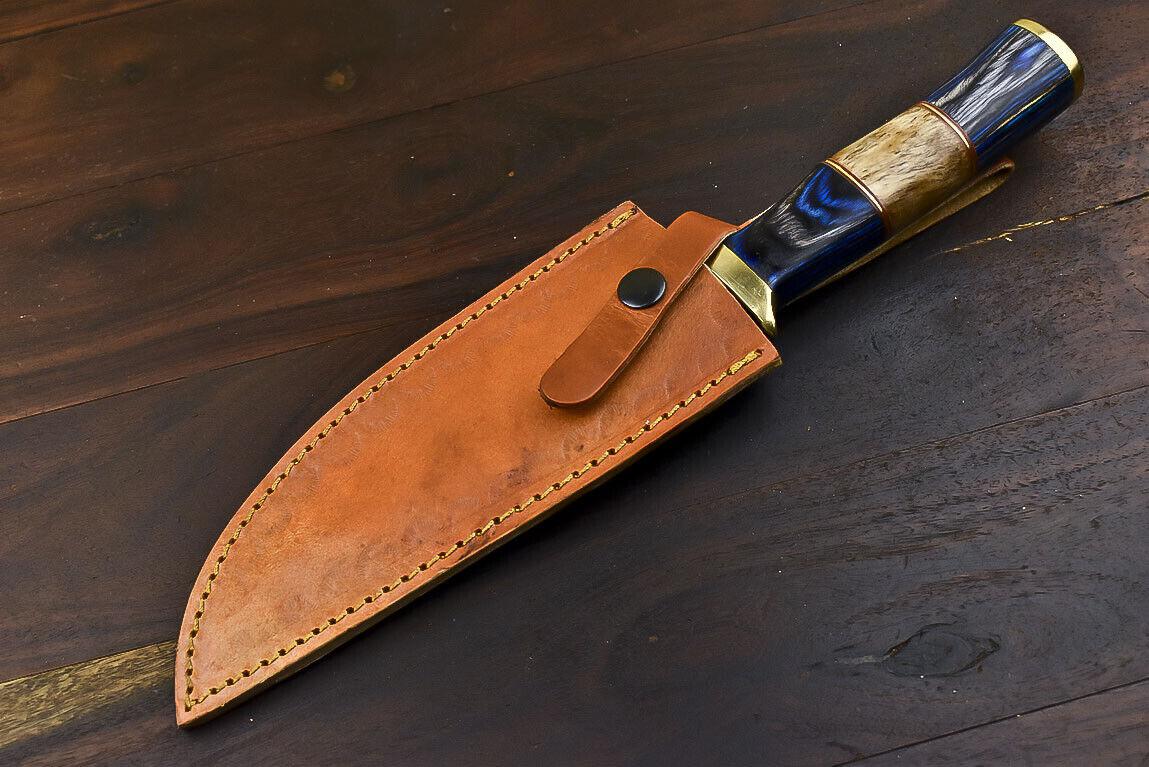 12.5" Damascus Steel Bowie Knife with Hardwood Handle – Handmade Outdoor Hunting Blade