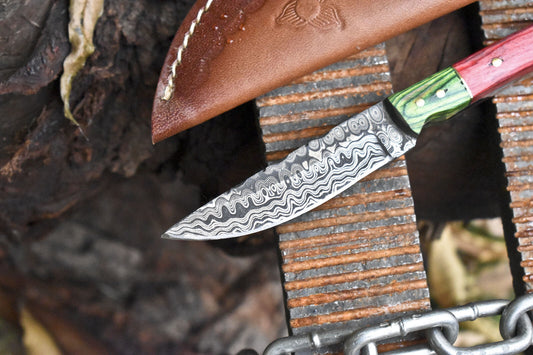 Hand Forged Rain Drop Damascus Skinner Knife – Hardwood Handle with Wooden Bolster & Leather Sheath