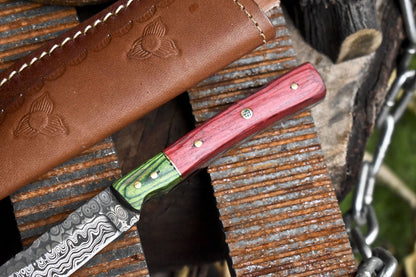 Hand Forged Rain Drop Damascus Skinner Knife – Hardwood Handle with Wooden Bolster & Leather Sheath