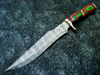 15" Hand-Forged Damascus Steel Bowie Hunting Knife – Multicolor Wood Handle & Leather Sheath