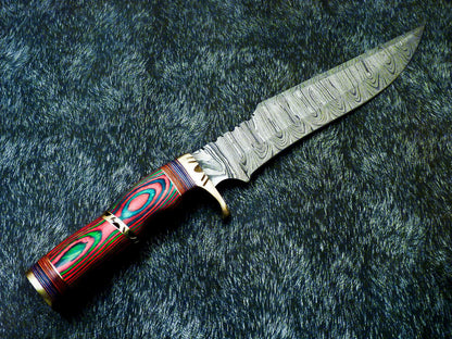 15" Hand-Forged Damascus Steel Bowie Hunting Knife – Multicolor Wood Handle & Leather Sheath