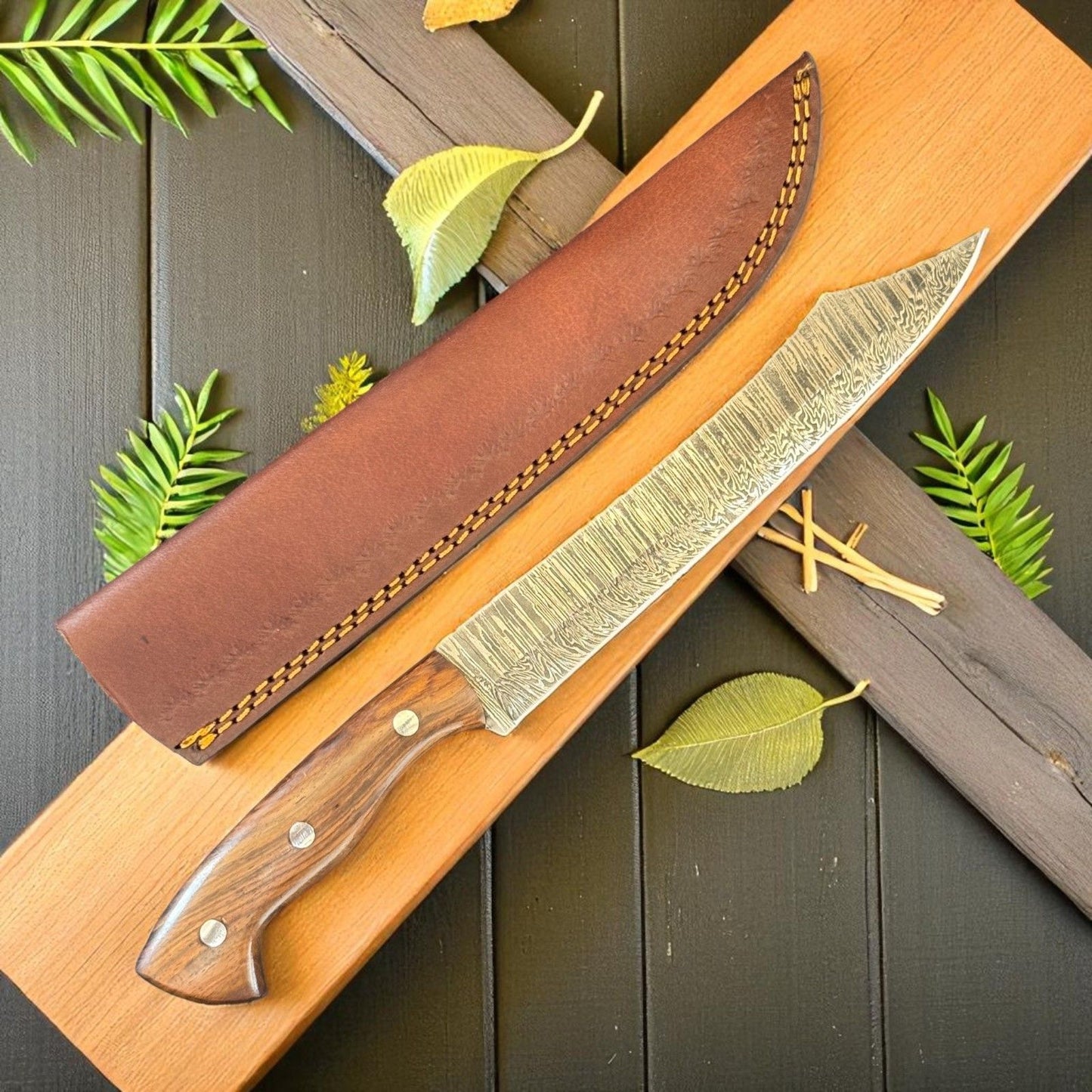 12" Handmade Damascus Kitchen Knife Custom Fillet Knife with Wood Handle