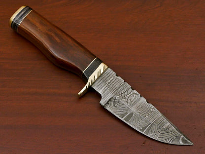 8" Damascus Bowie Hunting Knife – Rosewood & Pakka Wood Handle with Brass Guard