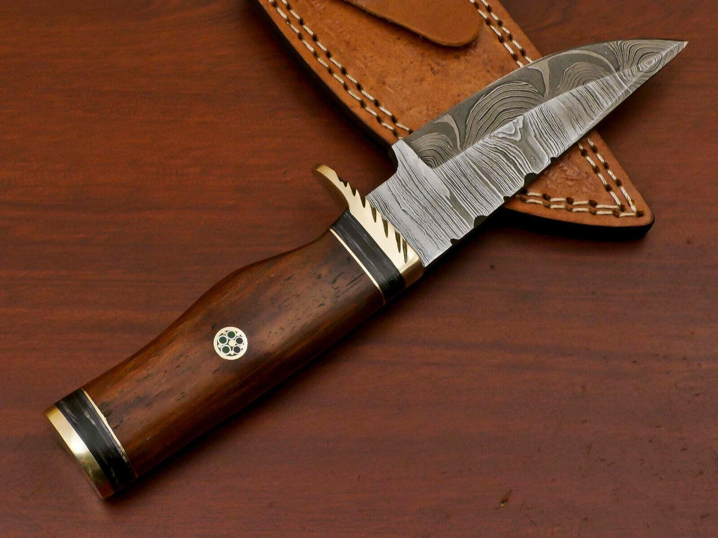 8" Damascus Bowie Hunting Knife – Rosewood & Pakka Wood Handle with Brass Guard