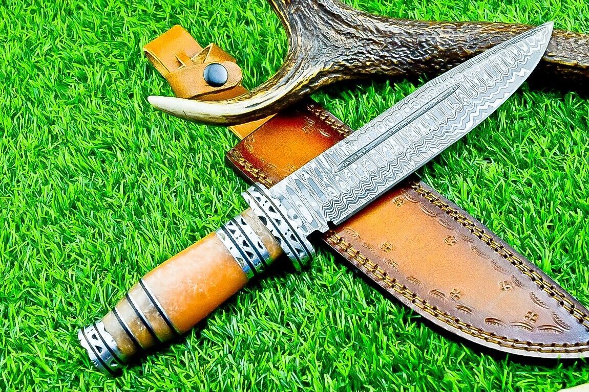 12.5 Inch Damascus Steel Bowie Knife with Resin Handle and Engraved Steel Bolster