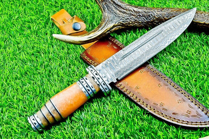 12.5 Inch Damascus Steel Bowie Knife with Resin Handle and Engraved Steel Bolster