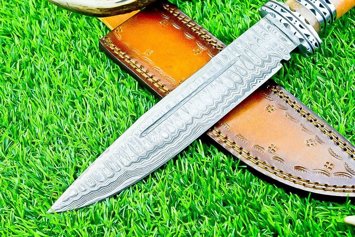 12.5 Inch Damascus Steel Bowie Knife with Resin Handle and Engraved Steel Bolster