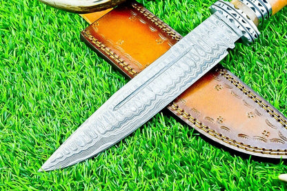 12.5 Inch Damascus Steel Bowie Knife with Resin Handle and Engraved Steel Bolster
