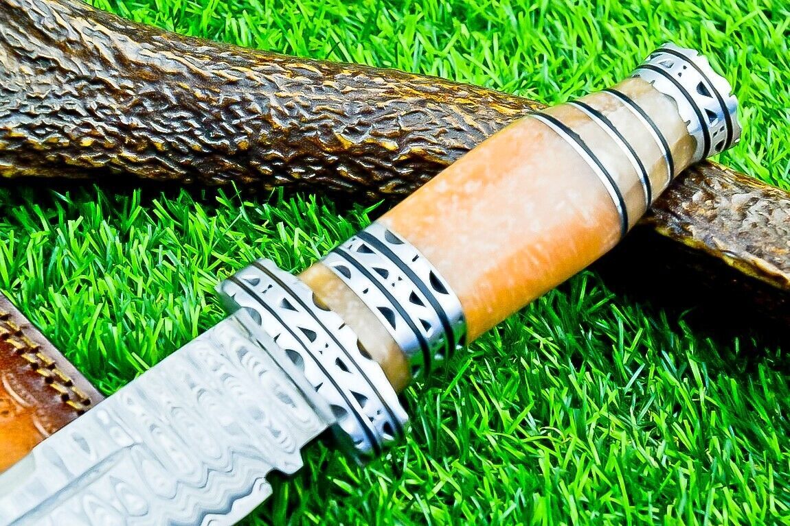 12.5 Inch Damascus Steel Bowie Knife with Resin Handle and Engraved Steel Bolster