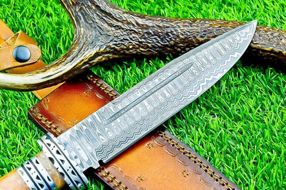 12.5 Inch Damascus Steel Bowie Knife with Resin Handle and Engraved Steel Bolster