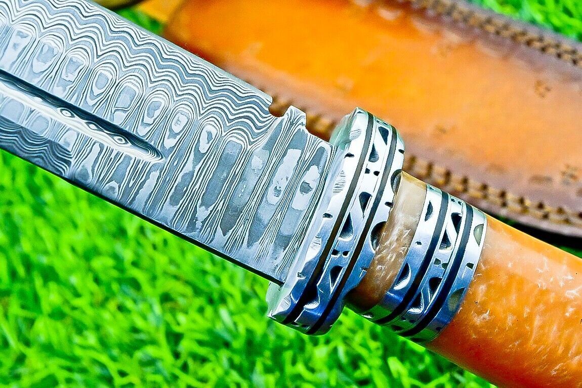 12.5 Inch Damascus Steel Bowie Knife with Resin Handle and Engraved Steel Bolster