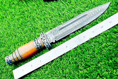 12.5 Inch Damascus Steel Bowie Knife with Resin Handle and Engraved Steel Bolster