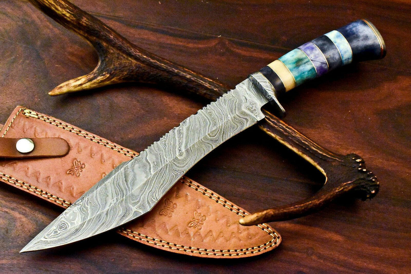 14.5" Handmade Damascus Bowie Knife – Camel Bone Handle & Leather Sheath