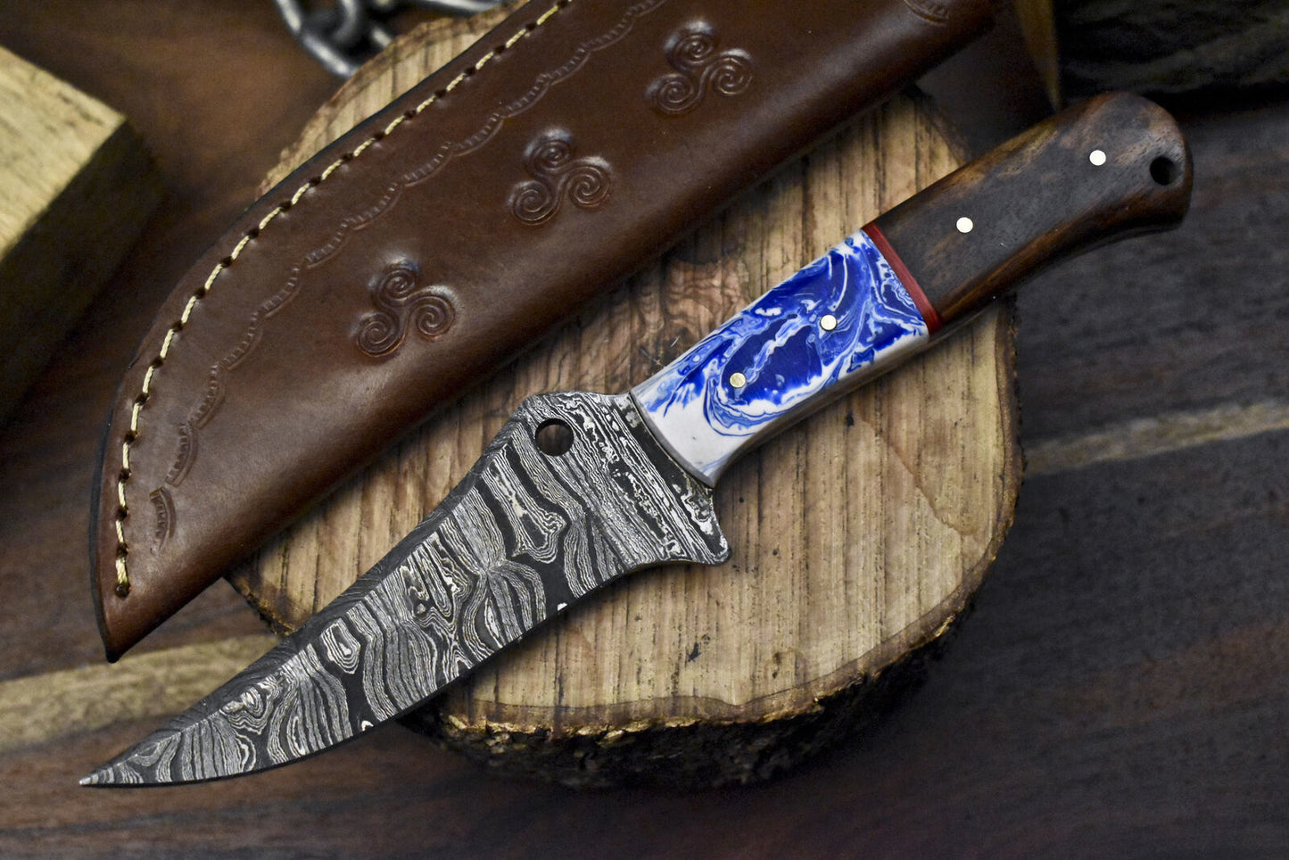 9" Twist Damascus Skinner Knife with Mixed Handle for Hunting and Camping