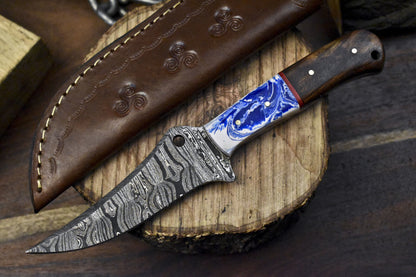 9" Twist Damascus Skinner Knife with Mixed Handle for Hunting and Camping