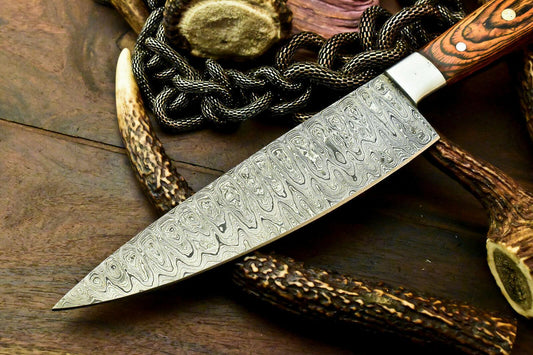 Custom Handmade Damascus Steel Chef Knife – Full Tang, Hard Wood Handle, 12"