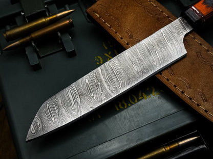 Handmade Damascus Steel Chef Knife | Wood Handle, Leather Sheath | Full Tang Kitchen Knife