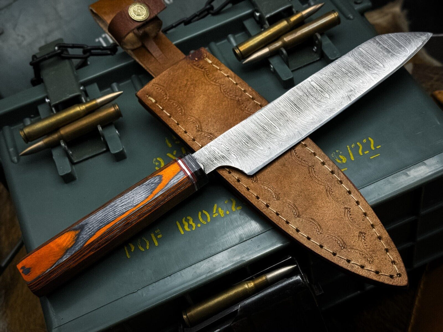 Handmade Damascus Steel Chef Knife | Wood Handle, Leather Sheath | Full Tang Kitchen Knife
