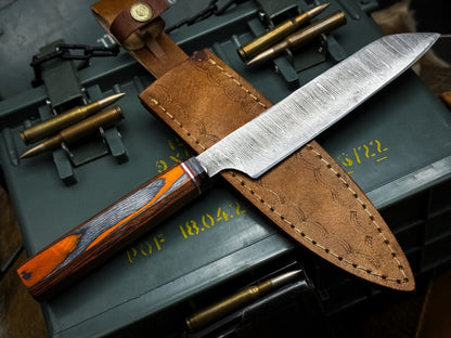 Handmade Damascus Steel Chef Knife | Wood Handle, Leather Sheath | Full Tang Kitchen Knife
