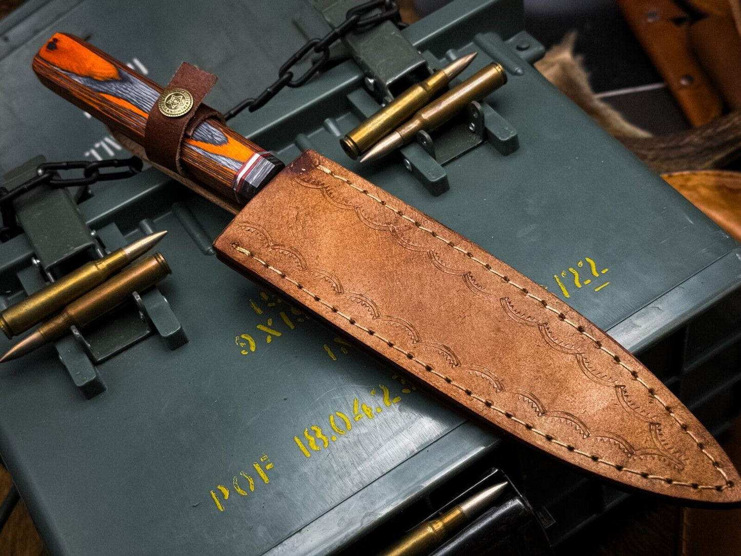 Handmade Damascus Steel Chef Knife | Wood Handle, Leather Sheath | Full Tang Kitchen Knife