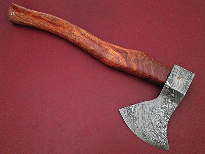Custom Handmade Damascus Axe with Walnut Wood Handle and Leather Sheath
