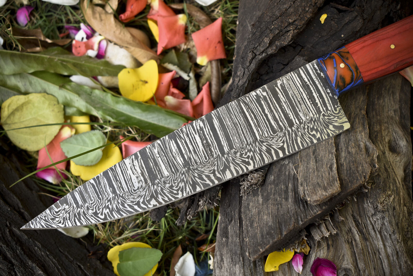 13" Handmade Twist Damascus Steel Chef Knife – Hard Wood Handle with Micarta Bolster