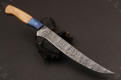 14" Handmade Damascus Fillet Knife Fire Damascus Steel Fillet Knife W/Sheath