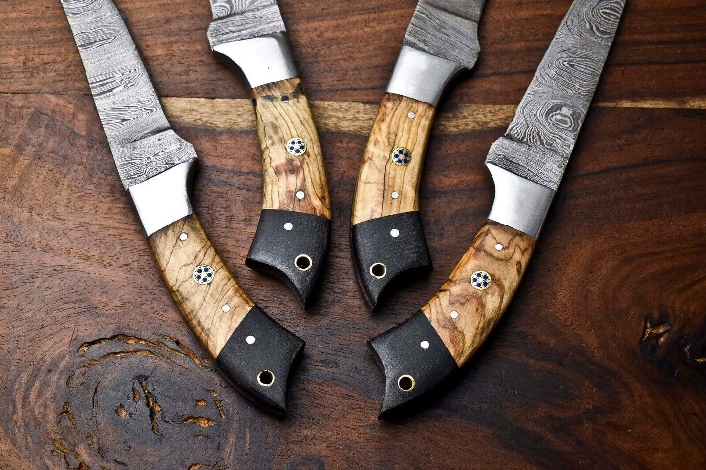 Custom Lot of 4 Handmade Hammered Damascus Steel Chef Knife Set