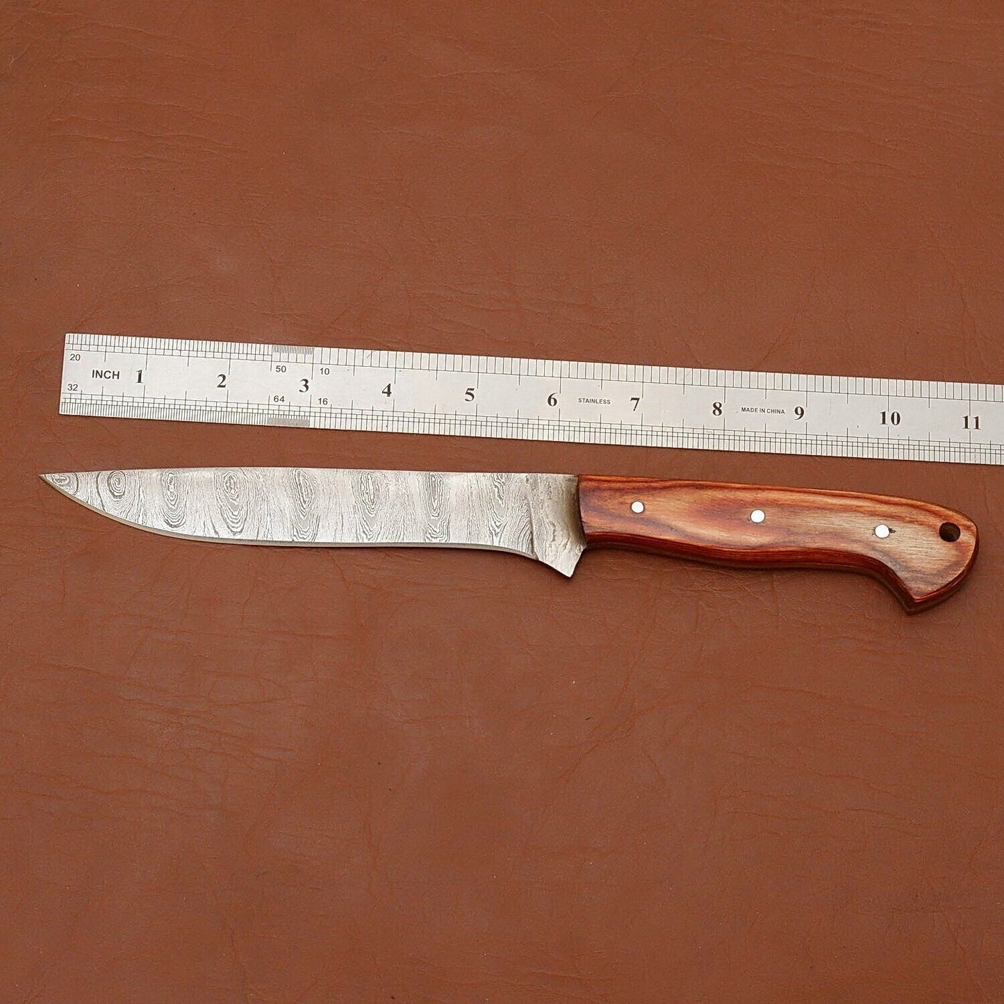 Custom Handmade Damascus Steel Chef Fillet Knife with Premium Wood Handle & Leather Sheath
