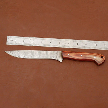 Custom Handmade Damascus Steel Chef Fillet Knife with Premium Wood Handle & Leather Sheath
