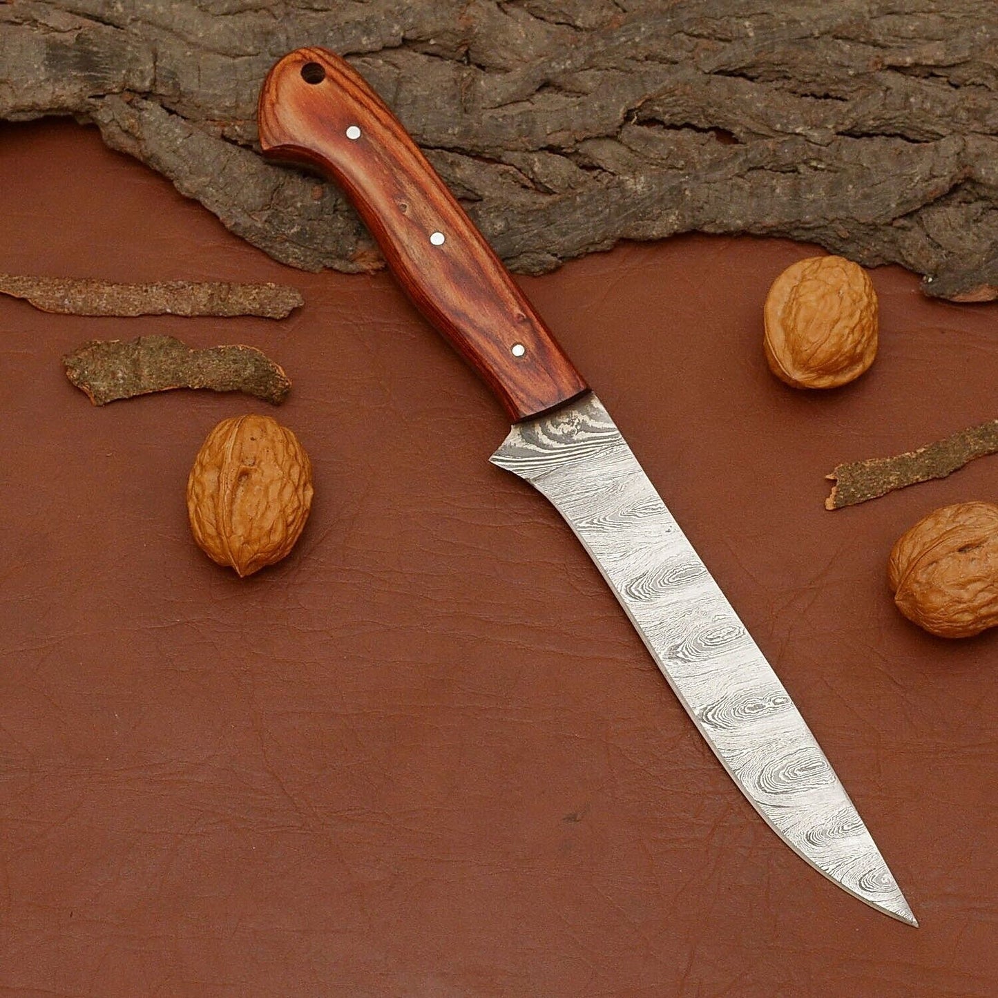 Custom Handmade Damascus Steel Chef Fillet Knife with Premium Wood Handle & Leather Sheath