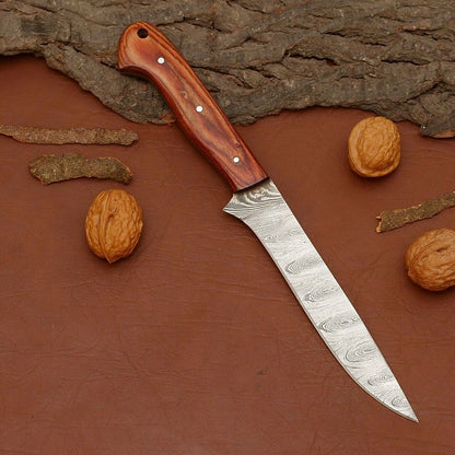 Custom Handmade Damascus Steel Chef Fillet Knife with Premium Wood Handle & Leather Sheath