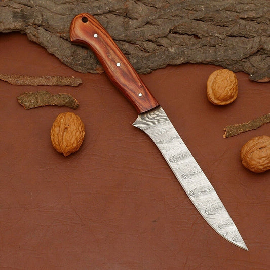 Custom Handmade Damascus Steel Chef Fillet Knife with Premium Wood Handle & Leather Sheath