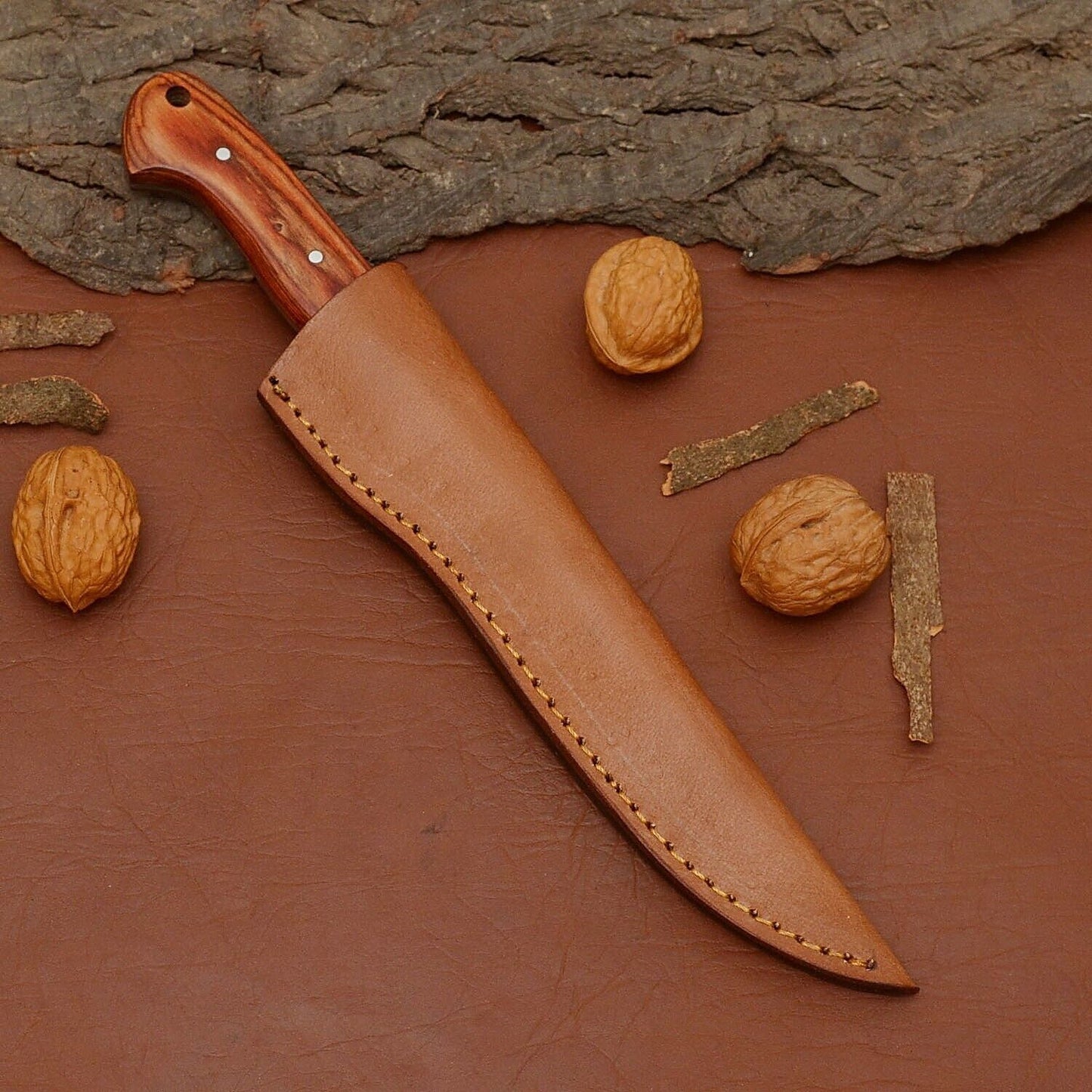 Custom Handmade Damascus Steel Chef Fillet Knife with Premium Wood Handle & Leather Sheath