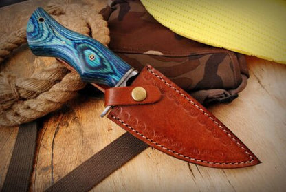 10" Handmade Damascus Fixed Blade Tracker Knife – Survival, Hunting, Camping & Fishing Knife with Wood Handle & Leather Sheath