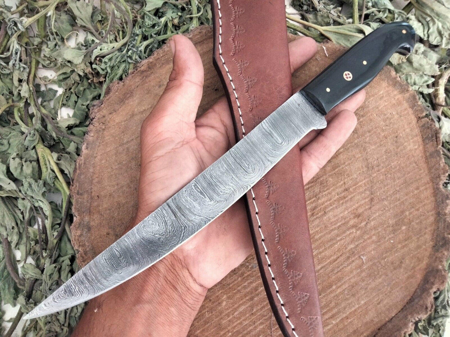 Custom Handmade Damascus Fillet Knife Resin Handle Fillet Knife with Leather Sheath